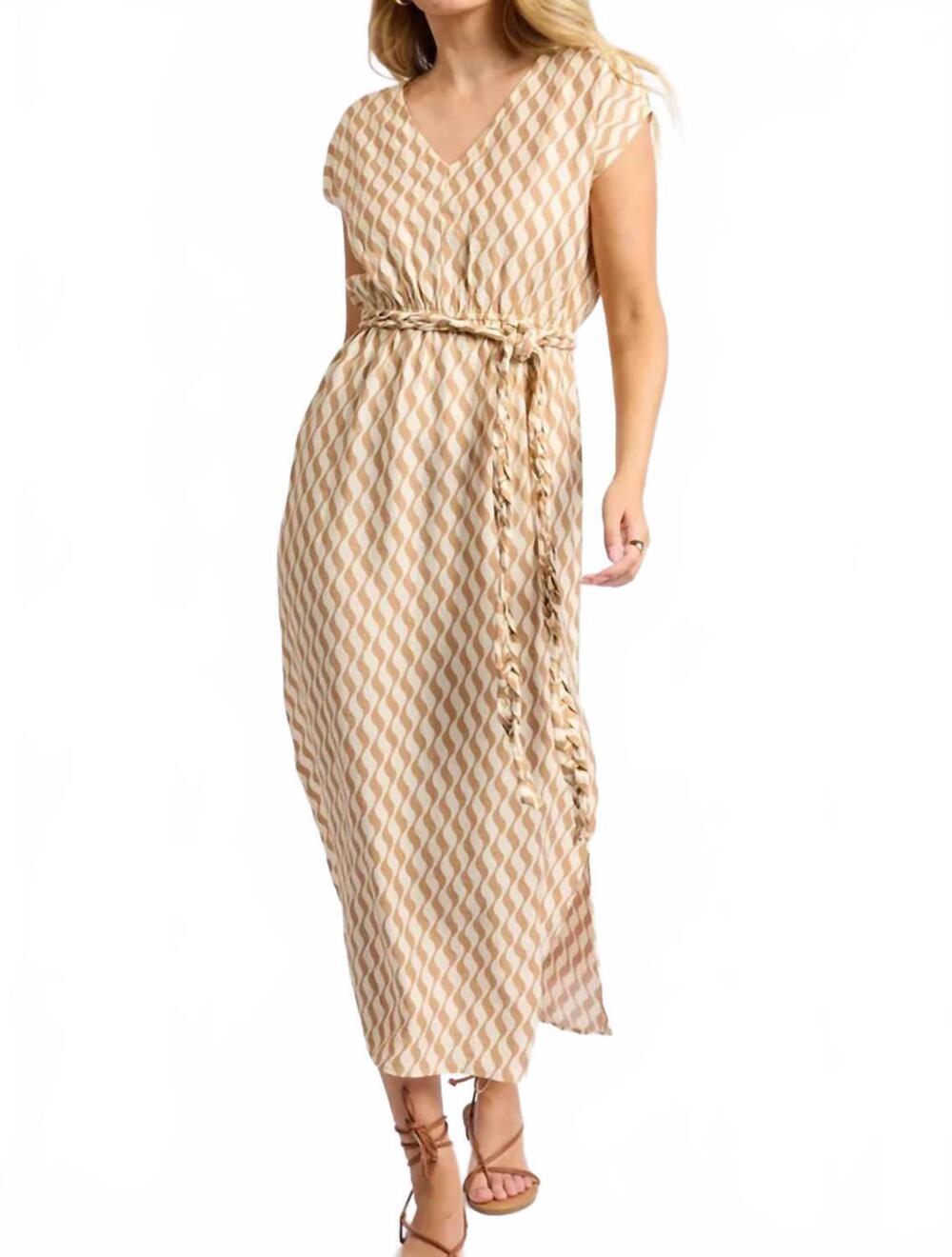 NEW SAGE THE LABEL braided belt v-neck midi dress in tan
